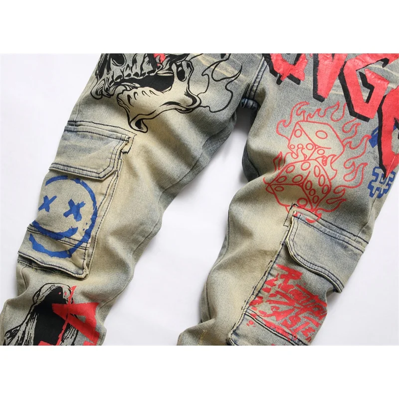 American-style printed multi-pocket vintage jeans men's slim-fitting small straight stretch nostalgic washed high-end trousers