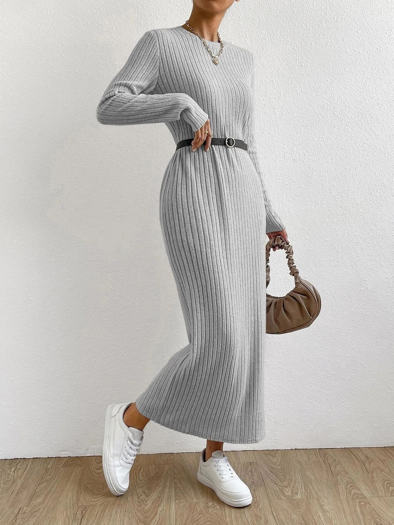 Elegant ribbed long sleeve slim fit dress - Round neck, solid color, polyester - For casual everyday wear