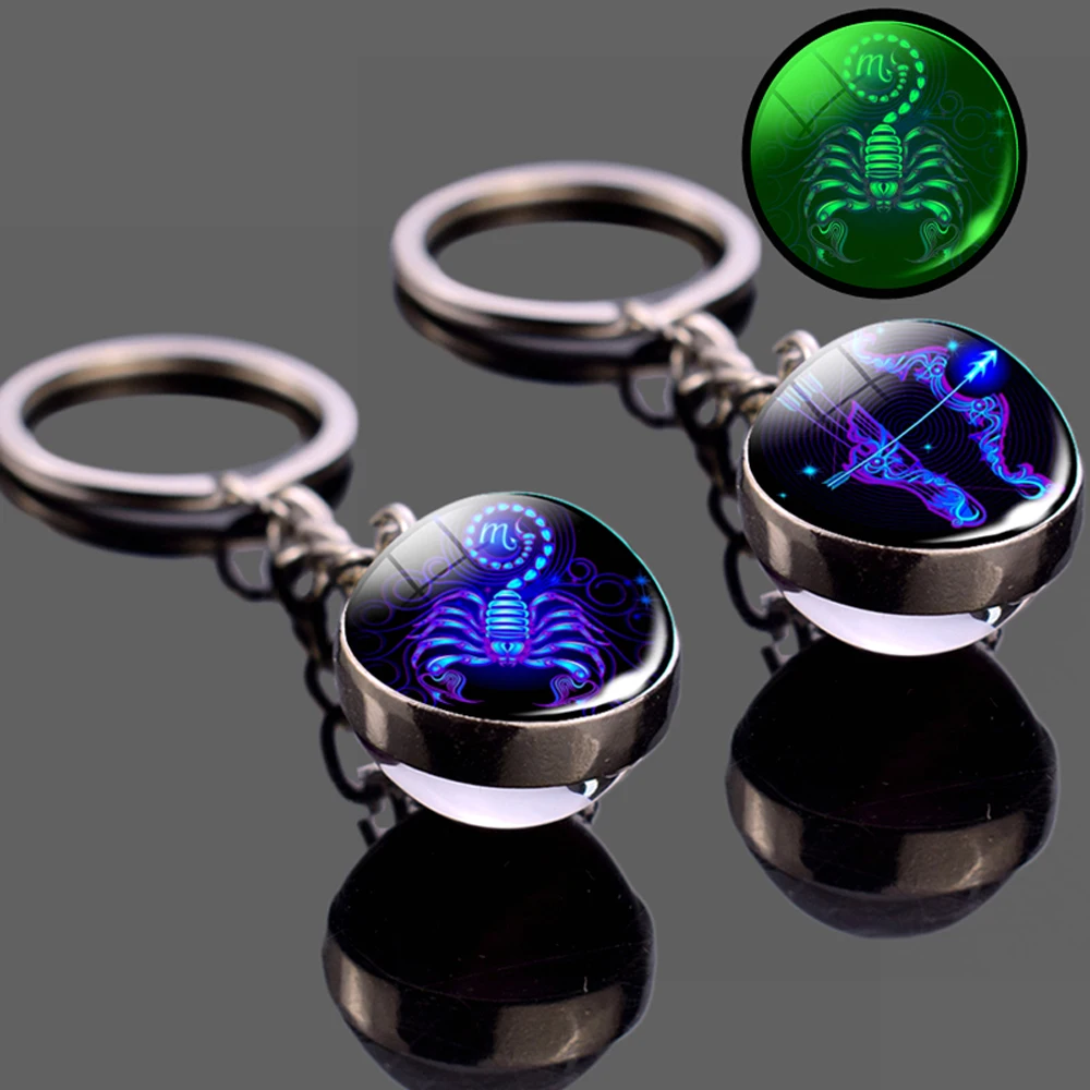 Libra Leo Luminous For Men For Women Double Side Glass Ball Keychain Zodiac Keychain 12 Constellation Key Rings