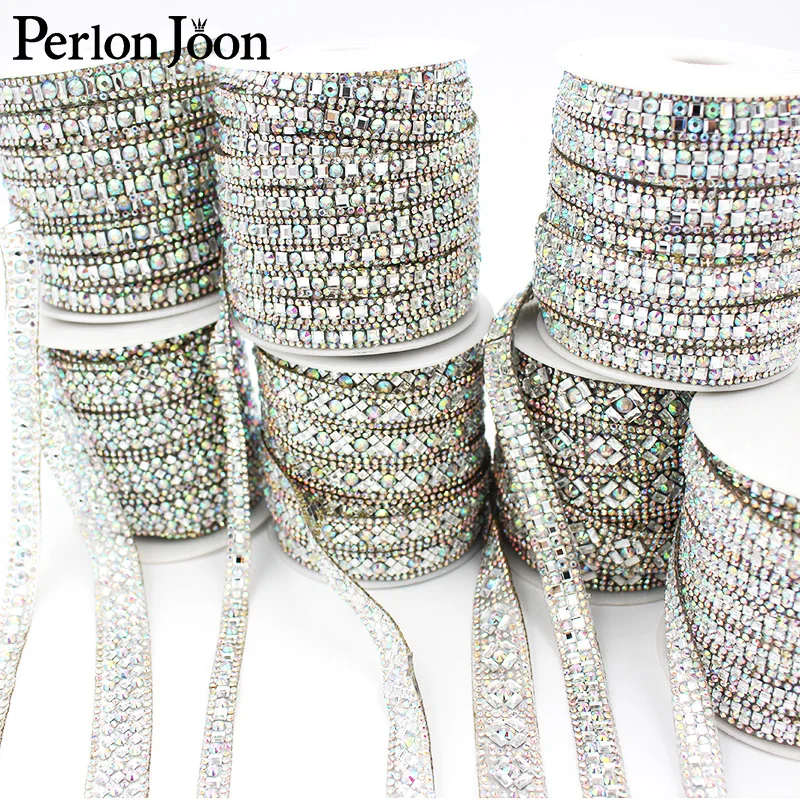 1 Yard Hot Fix AB Color Glass Rhinestone Ribbon Crystal Rhinestone Trim Tape Party Wedding Shose Decoration Accessories TR131