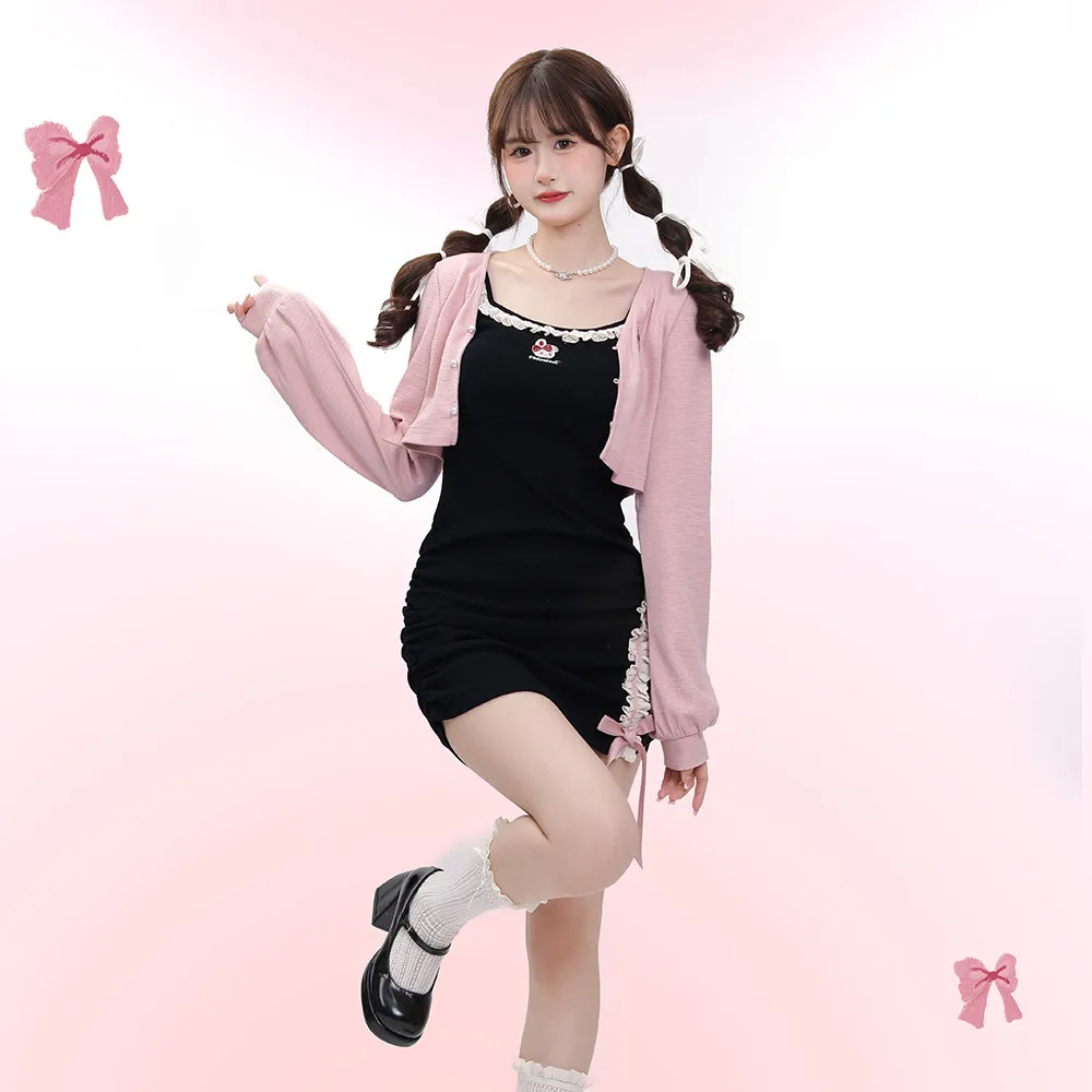 Y2K Cute Rabbit Embroidery Cami Dress Women Lace Trim Ruched Bodycon Mini Dress Pink Bow Sweet Girl Party Nightclub Dresses