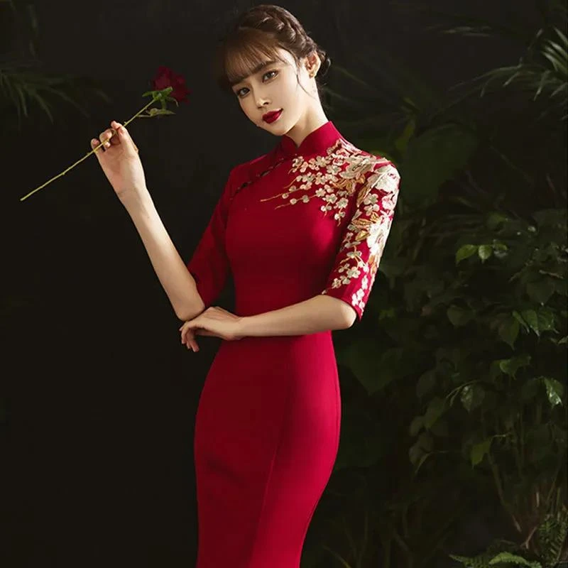 Cheongsam Dress High Collar Chinese Toast Gown Bride Female Chinese Style Retro Red China Wedding Dress H8923