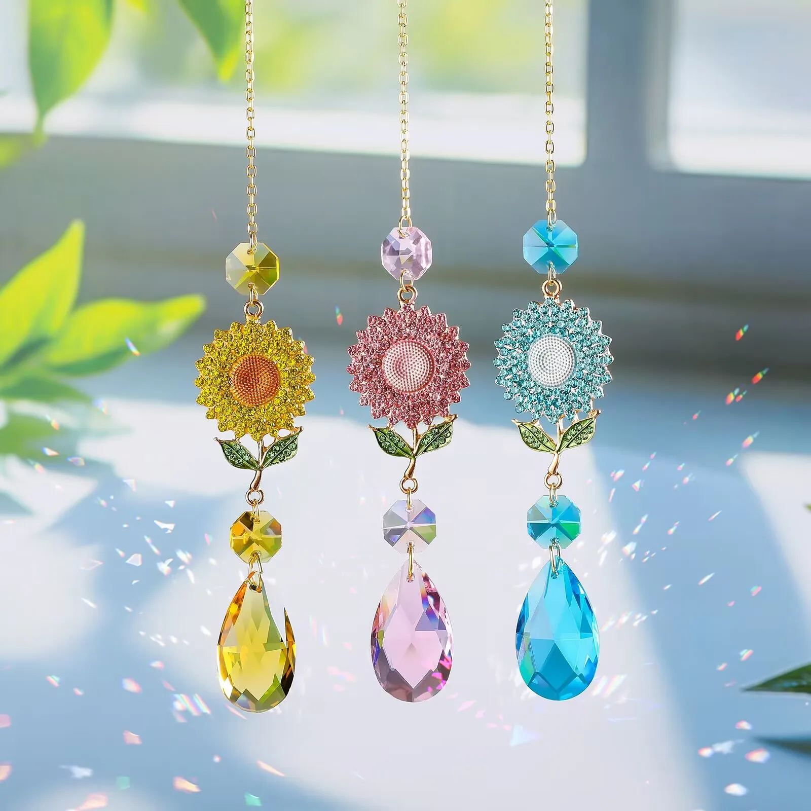3Pcs Sunflower Shaped Crystal Sun Catchers with Rhinestones Metal Pendant for Window Hanging Decor Rainbow Maker