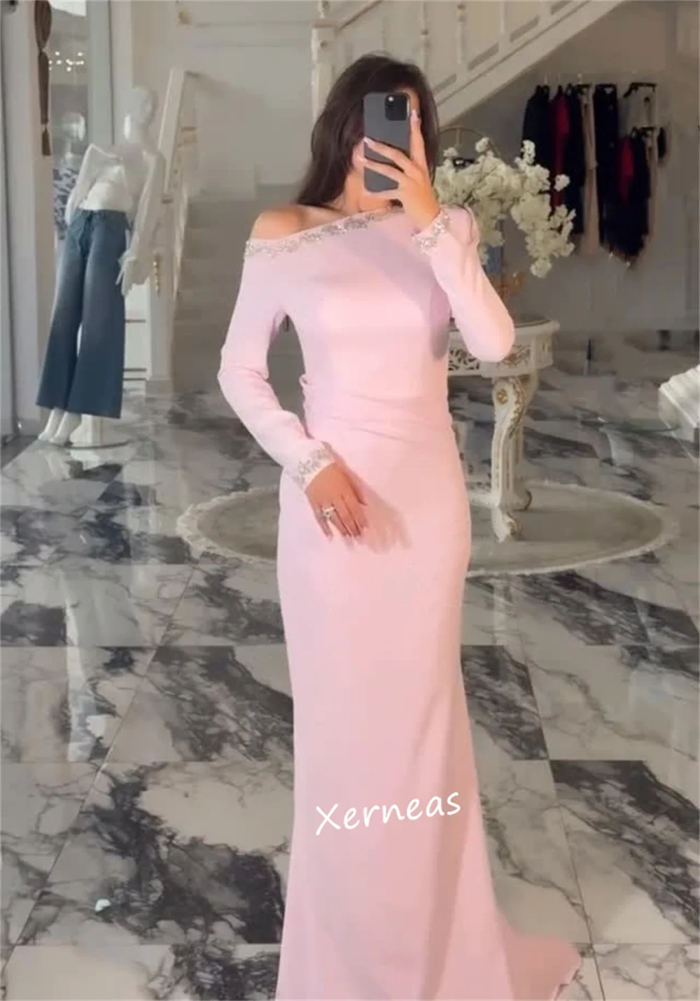 Customized Jersey Rhinestone Off-the-shoulder Mermaid Floor-length Bespoke Occasion Evening Party Simple Elegant Glitter Formal