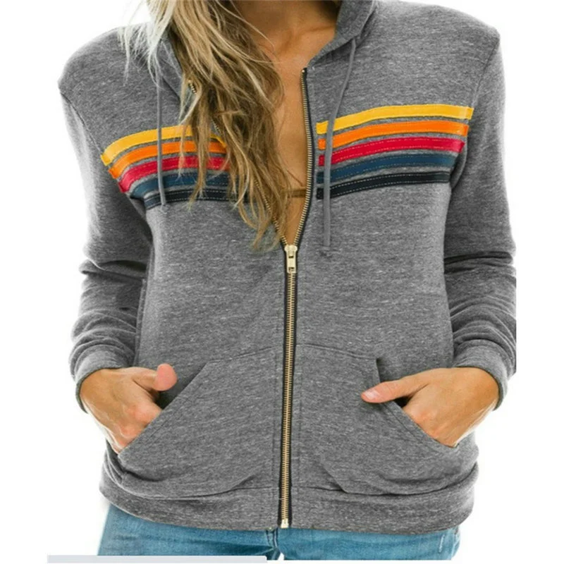 New Women Aviator Nation Zip-up Hoodies Sweatshirts 5 Stripe Rainbow Long Sleeve Loose Stitch Pullover