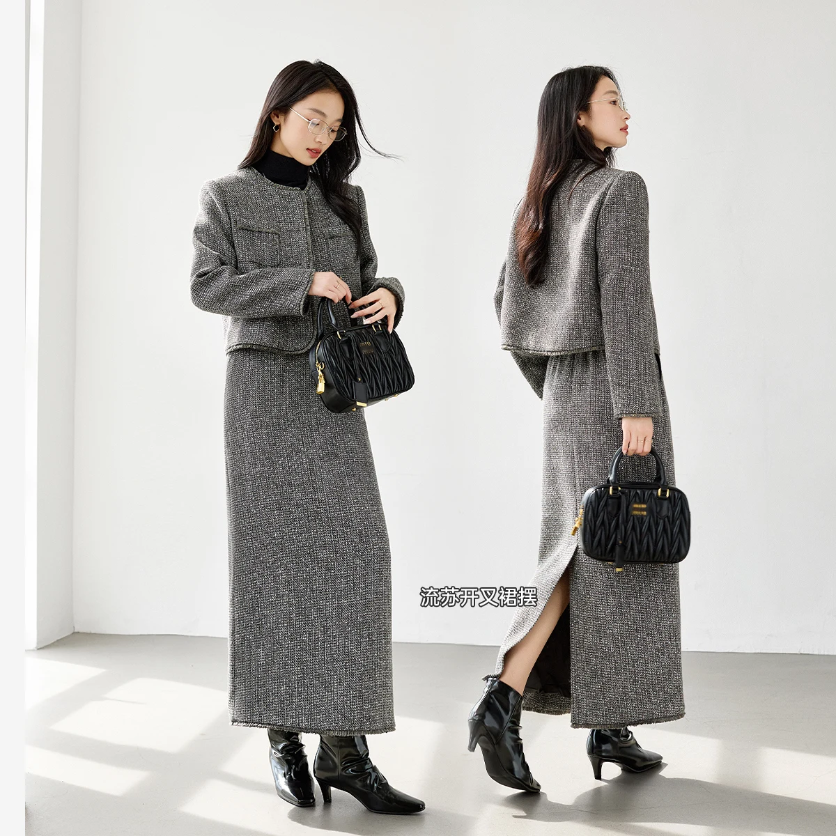 VIMLY Women's Grey Two-piece Set Fall Winter Round Neck Tweed Quilted Jacket Midi Skirt Elegant Fashion Commuter Outfit M9798