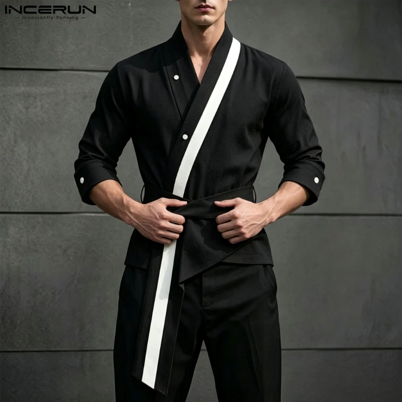 INCERUN Men's Shirt Patchwork V Neck 3/4 Sleeve Casual Irregular Shirts For Man Streetwear 2026 Color-block Fashion Men Clothes