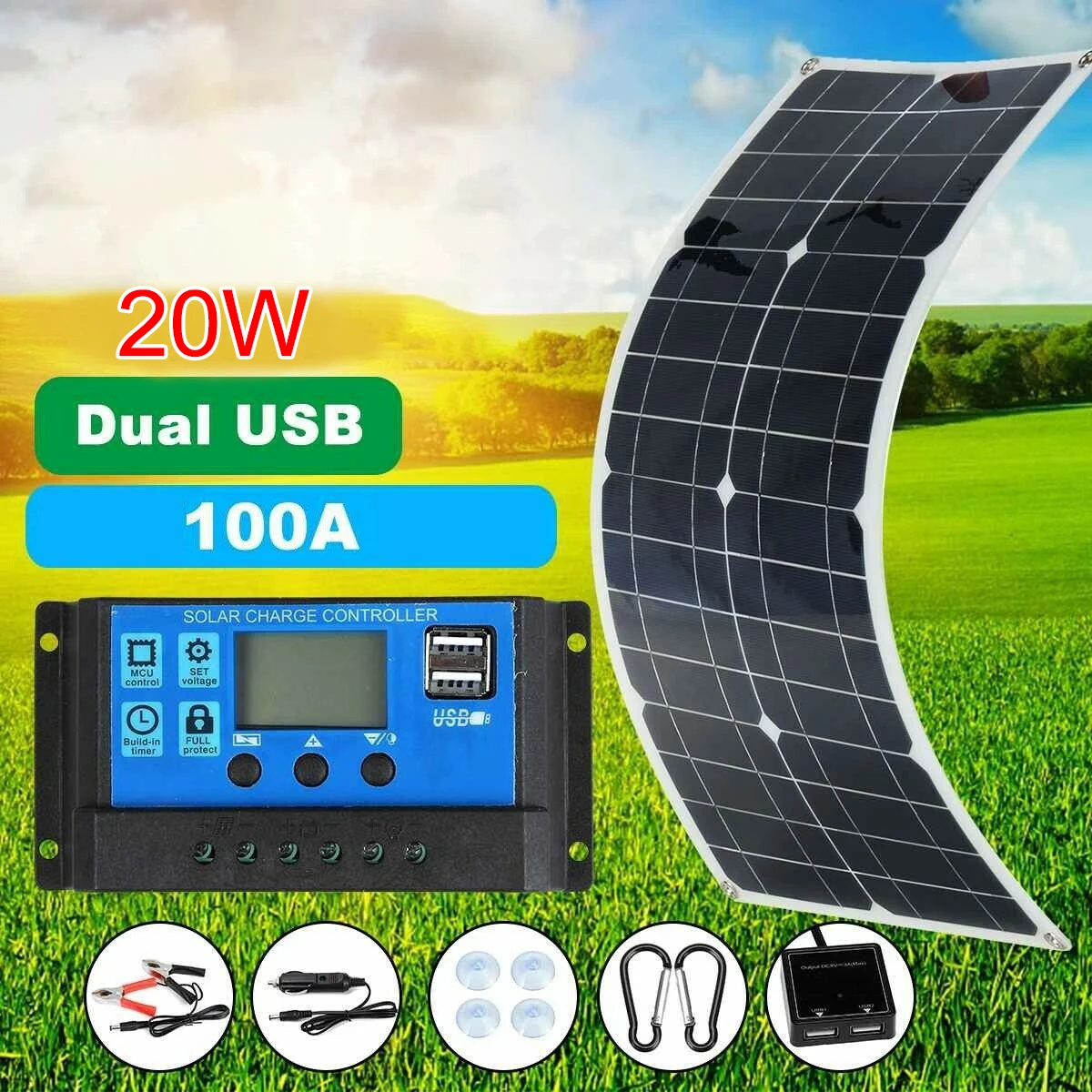 

20W Solar Panel Kit Portable Power RV Monocrystalline Boat Flexible Battery 12V