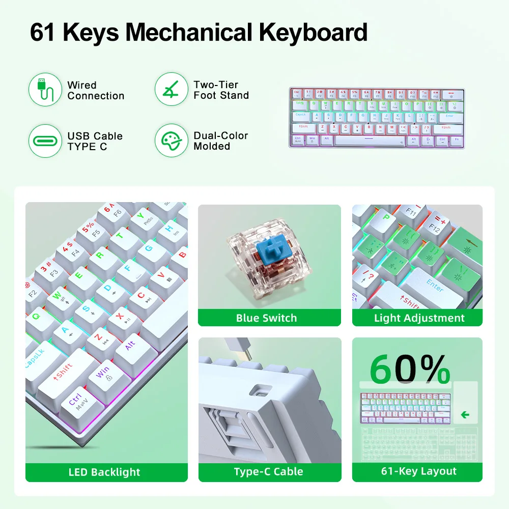 Factory Wired OEM 61‑Key Mini Blue Switch Mechanical Gaming Keyboard Custom 60% Detached LED Backlit Mechanical Gaming Keyboard