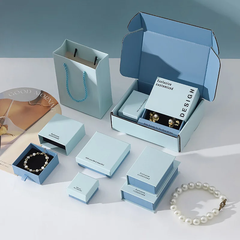 

30 шт./лот Оптовая продажа: Синяя текстурированная коробка для хранения ювелирных изделий, набор для колец, серег, браслетов, ожерелий, подарочная коробка-органайзер, упаковка для украшений