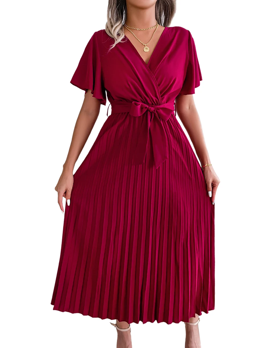 

Women Pleated Midi Long Dress V Neck Short Flounce Sleeve Pleated Dress Elegant Belted Big Hem Solid Color Midi Dress