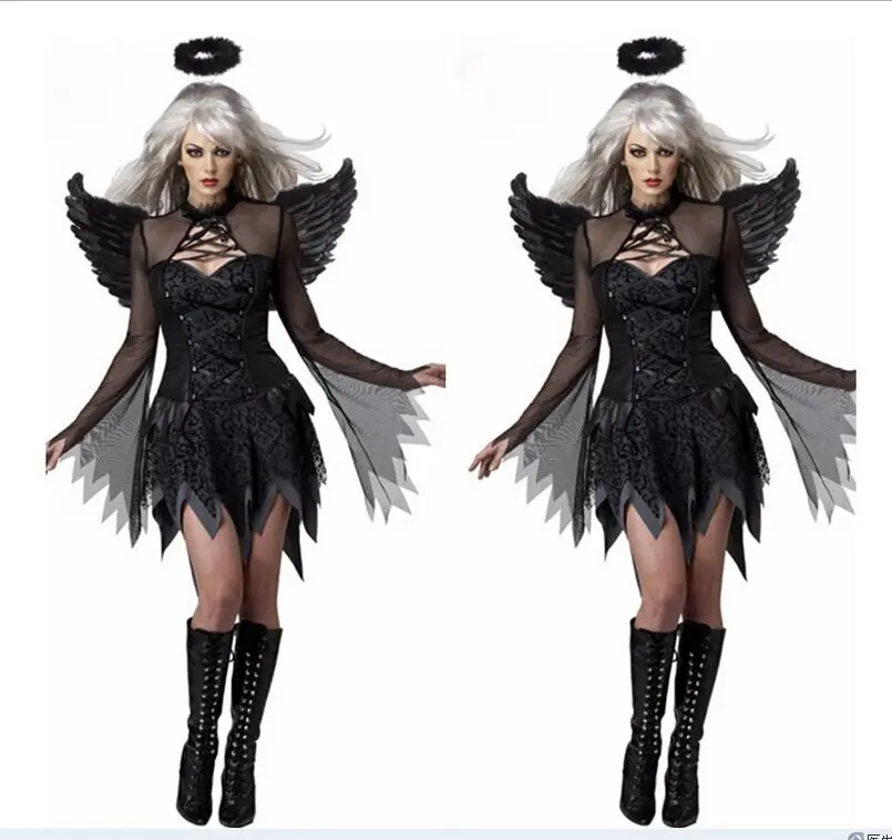 ชุดคอสเพลย์ปีกนางฟ้าสีดำสุดเซ็กซี่ ชุดแฟนซีปีศาจนางฟ้าสำหรับฮาโลวีน ไซส์พลัส ชุดเดรสคอสเพลย์นางฟ้าสีดำสำหรับผู้หญิง ชุดการแสดงแนวชาติพันธุ์