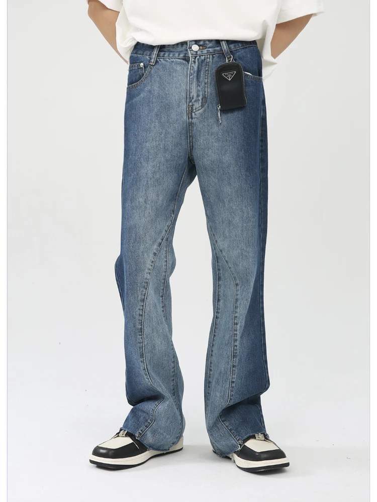 

Flare Pants Men Jeans Denim Pant Gradation Casual High Waist Regular Pocket Splice Straight Trousers Slim Fit Autumn Winter