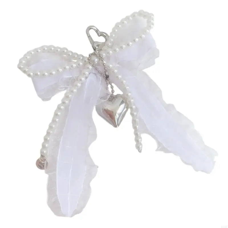 Delicate Pearls Heart Charm With Bows Detail Bag Pendant Keychain Bowknot Keyring Versatile Jewelry For Date And Parties