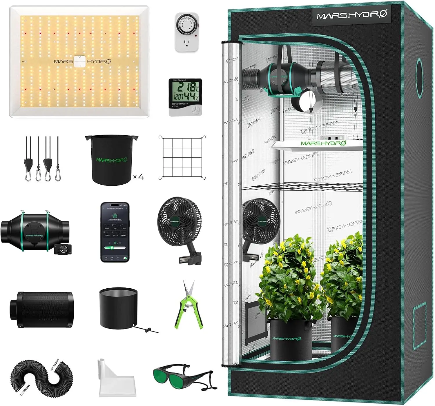 

Complete 3x3 Grow Tent Kit with Smart LED Light & WiFi Ventilation System, 150W Dimmable