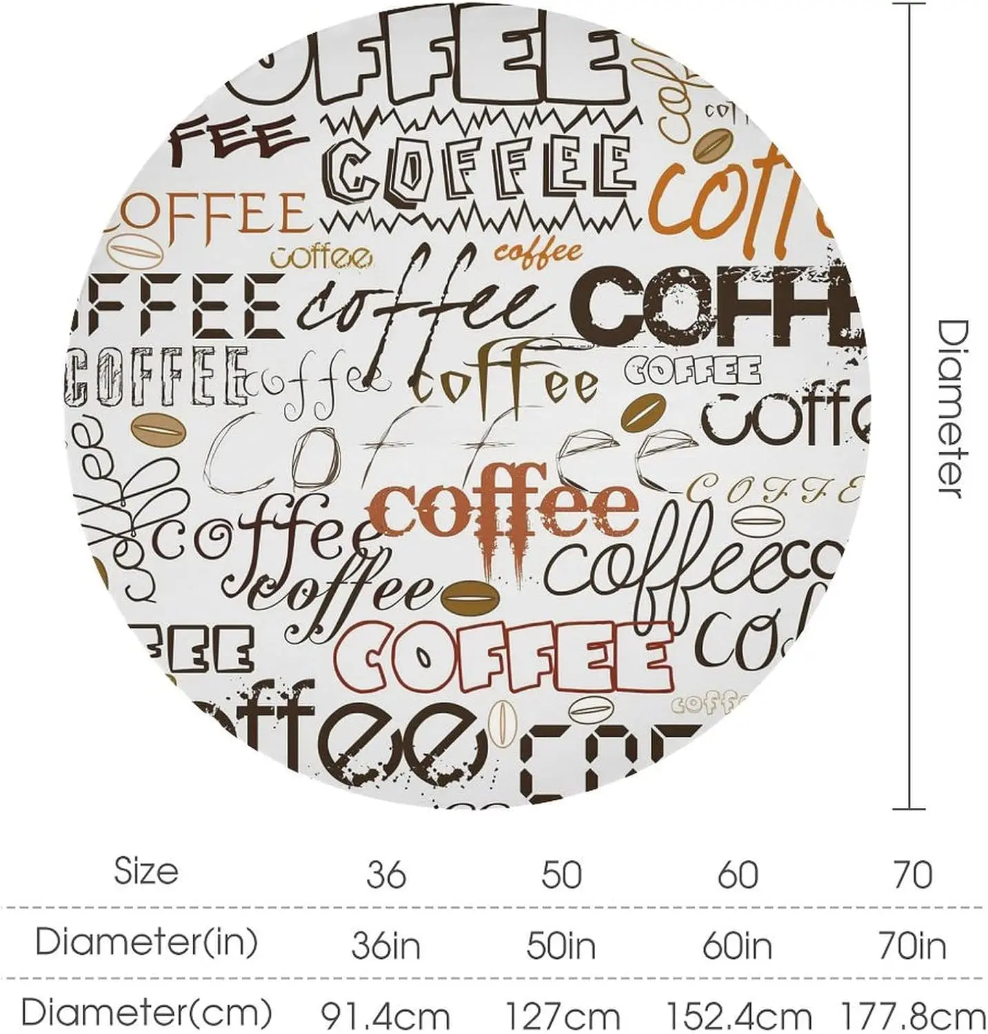 Coffee Kitchen Round Tablecloth, Coffee Theme Farmhouse Cafe Modern Tablecloth for Home Party Dining Room Kitchen Decor
