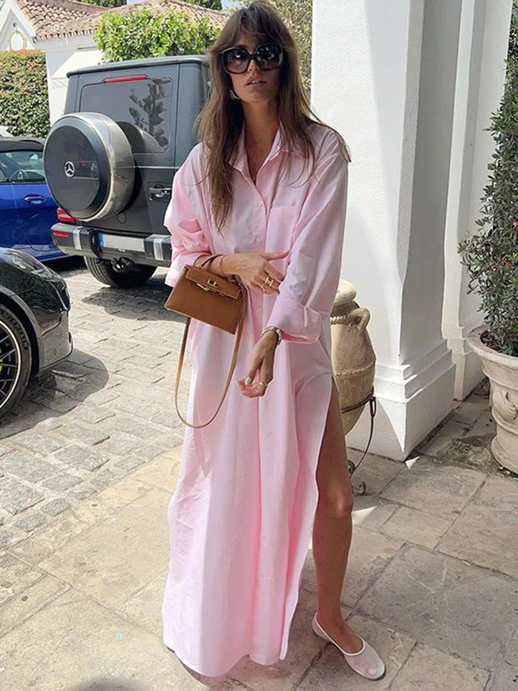 Lockeres, lässiges Sommerkleid für Damen im französischen Stil, langärmliges Hemdkleid mit Revers und seitlichem Schlitz, einreihiges Boho-Maxi-langes Kleid