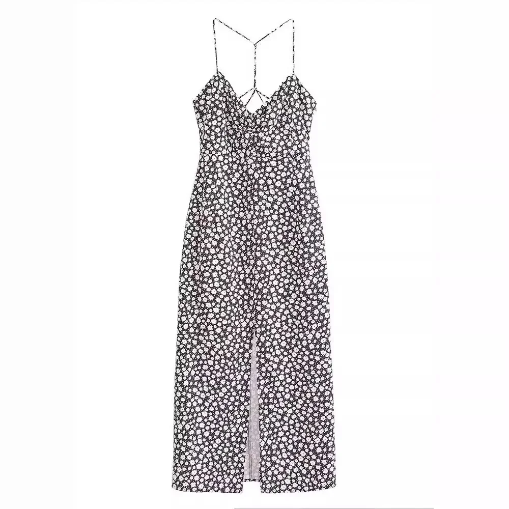 Damen Sweet Little Fresh Floral Neckholder Vintage Little Daisy Print Langes Kleid Sexy ärmellose trägerlose Kleider mit V-Ausschnitt