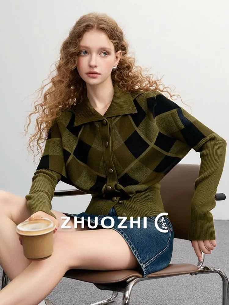 

ZhuoZhi Vintage Sle Color Blo Diamond Pattern Knitted Sweater Autumn New Arrival French Sle Soft Long Sve Cardigan