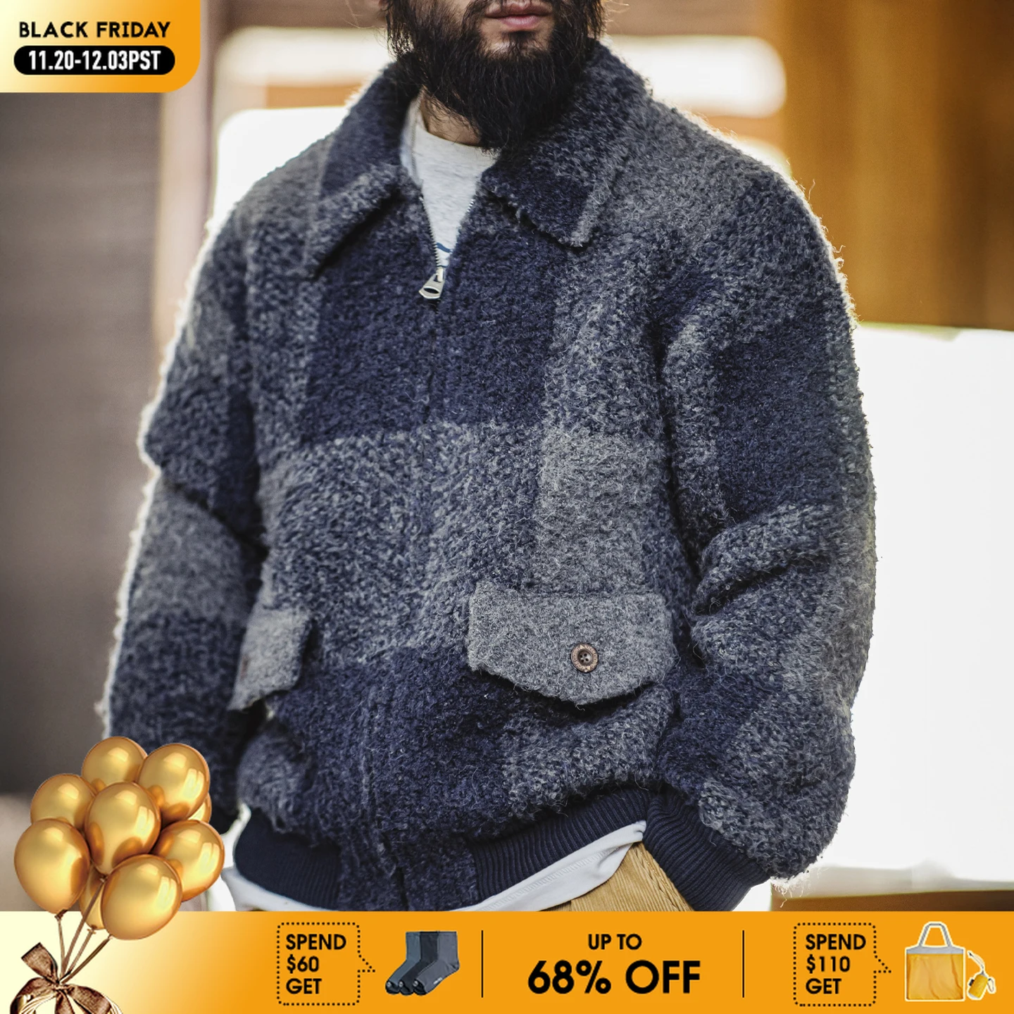 

Винтажная мужская клетчатая шерстяная куртка-кардиган Maden с воротником на молнии, теплая куртка для осенне-зимней уличной одежды