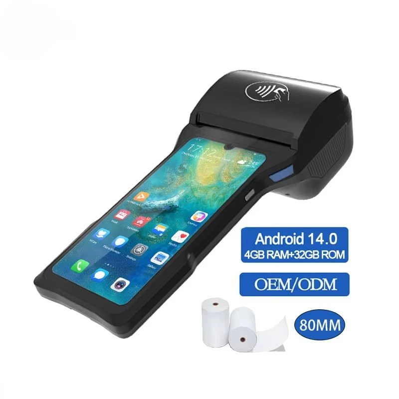 

Терминал Android POS с сенсорным экраном 80 мм, сканером отпечатков пальцев и принтером 80 мм, работающий на Android 14.0, для систем точек продаж