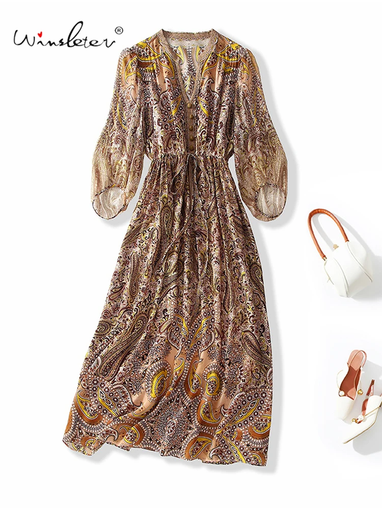 

Winsleter — женское элегантное платье из 100% натурального шелка, рукав 3/4, V-образный вырез, принт, темпераментные платья в стиле ретро, лето 202, D57844CC