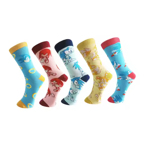 Sonic the Hedgehog Main Characters Anime Casual Crew Socks Set for Boys and Men Sonic Cute Embroidery Sock 5-Pack-Age14+