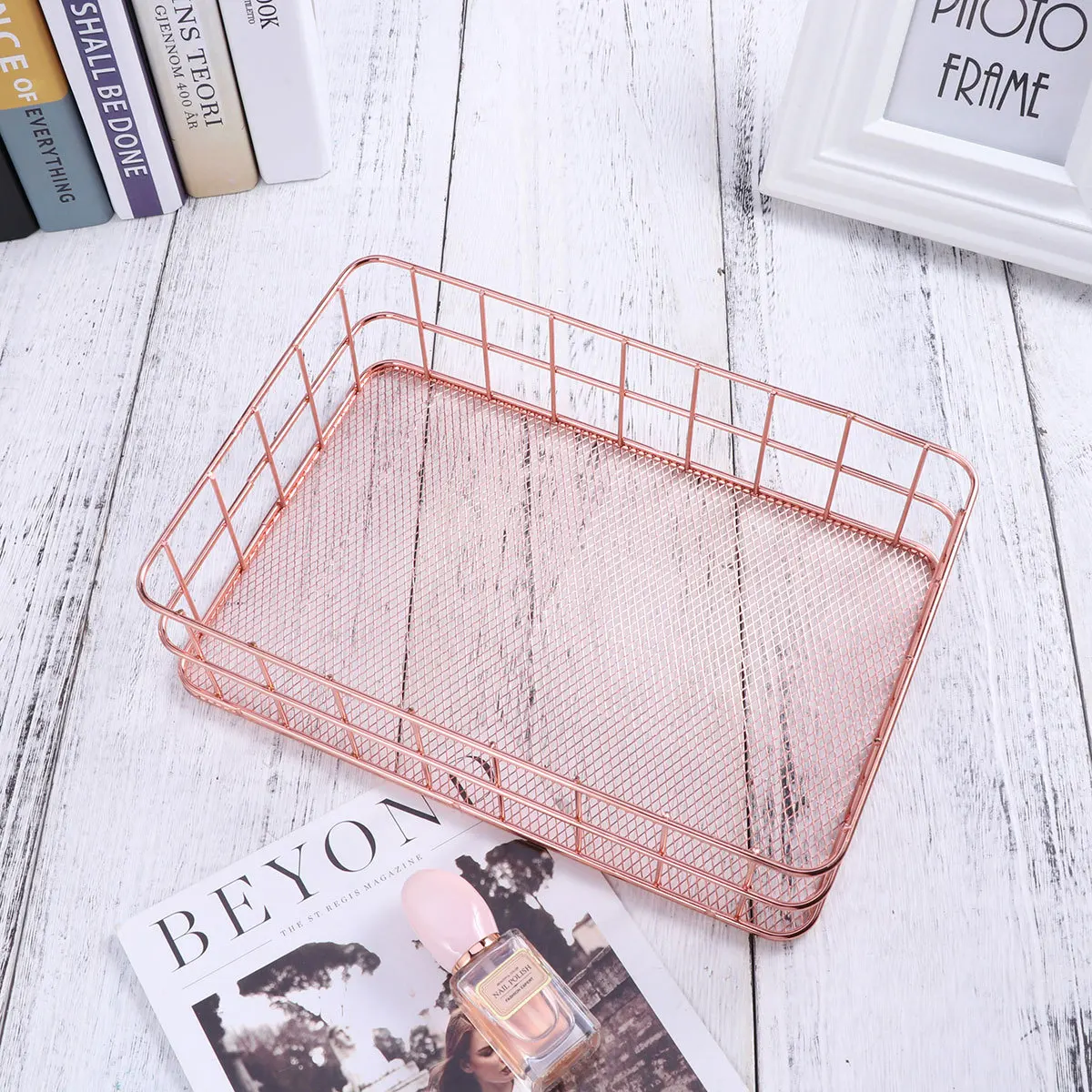 سلة شبكية حديدية كبيرة 24.5X16X6.5 سم منظم سطح المكتب باللون الذهبي الوردي لفرش المكياج وأقلام النظارات الشمسية رف تخزين معدني للمنزل #2