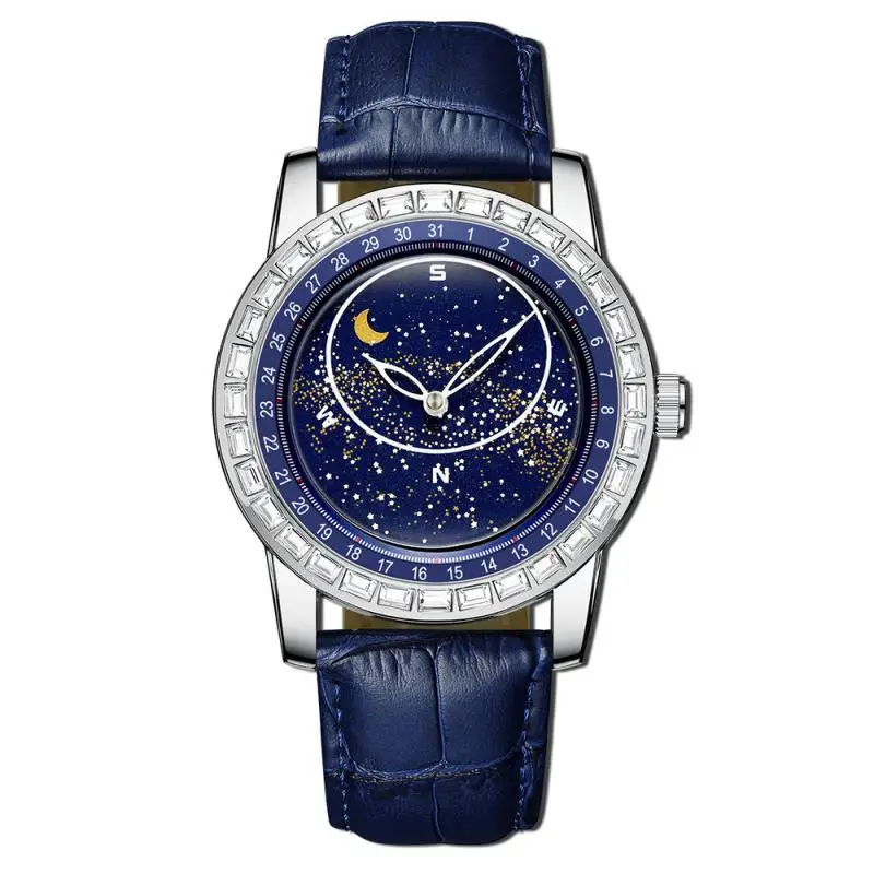 Montre rotative de luxe pour homme, ciel étoilé, disque, diamant, Rotterdam, mousseux, soleil, lune, étoiles, veilleuse étanche