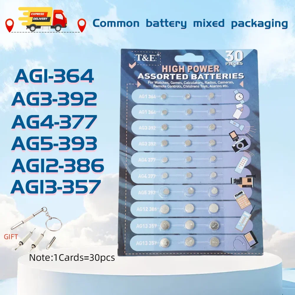1.55V 30PCS AG13 Pila LR44 L AG1 AG3 AG4 AG10 AG12 SR44 Button Batteries A76 LR1154 GP7 Cell Coin Watch Toys Remote Battery