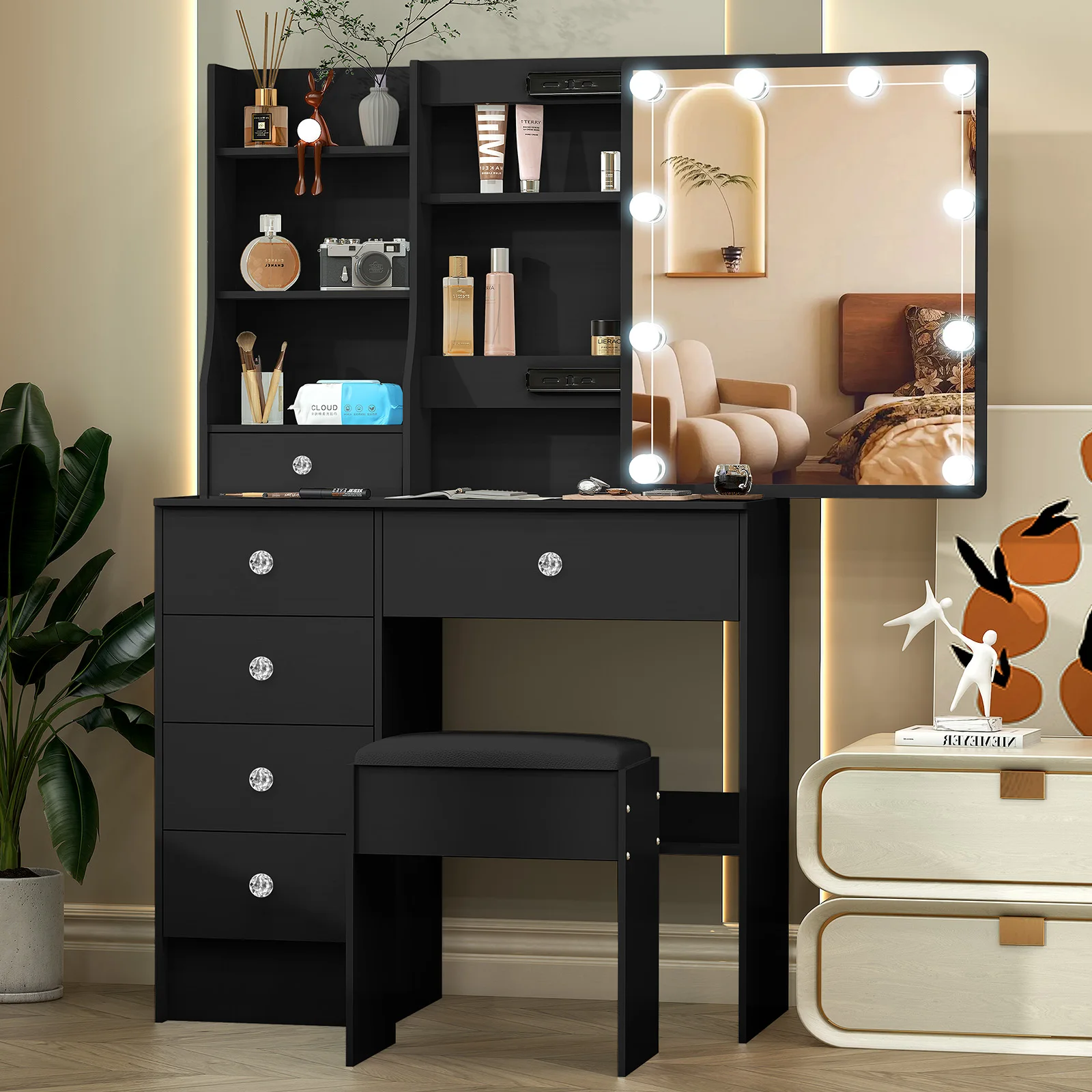 Black Makeup Vanity Set with Sliding LED Mirror, 6 Drawers, Dressing Table Desk, Bedroom Furniture