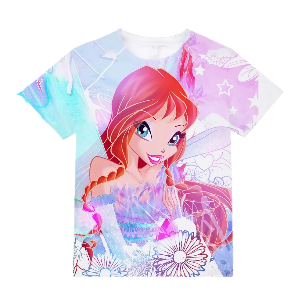 Kids Purple Winx Club Character Kawaii T-Shirts Summer 2024 Fashion New In Tees Children Clothes Girl One Piece Anime T Shirt