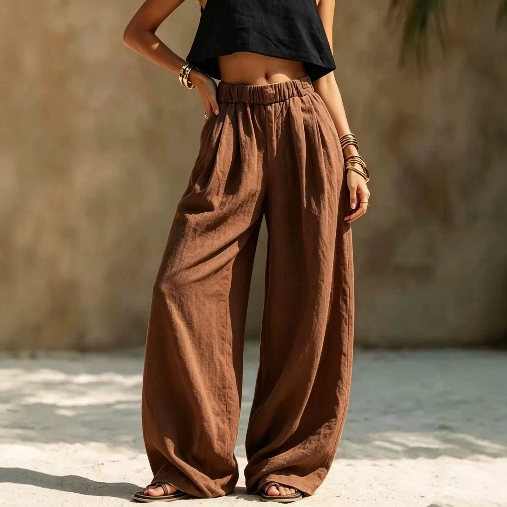 Women's Casual Wide Leg Pants - All Season Comfort Pockets Elastic Waist Loose Fit Solid Color Pants Suitable for Outdoor and Le