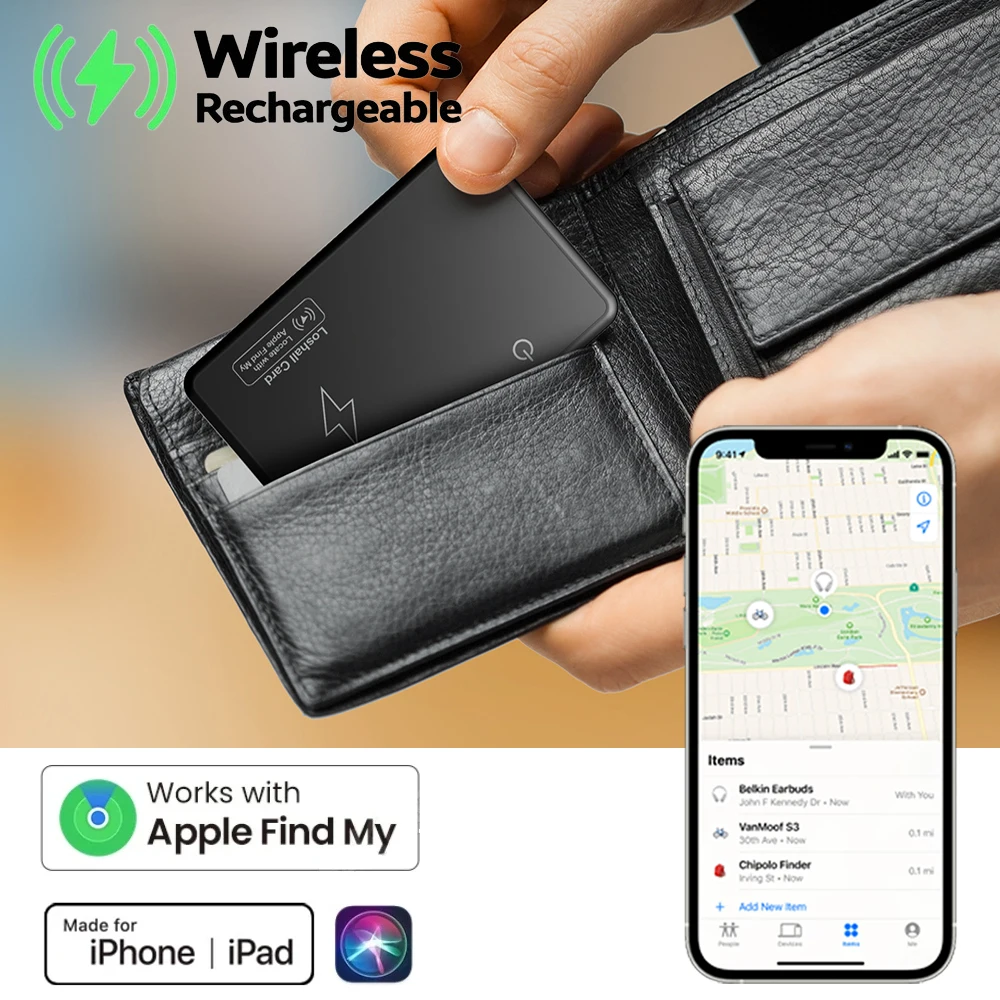 Wireless Charging Wallet Tracker Card Smart Tracking Locator Card Works with Apple Find My App Item Finder Tag Anti-Lost Device