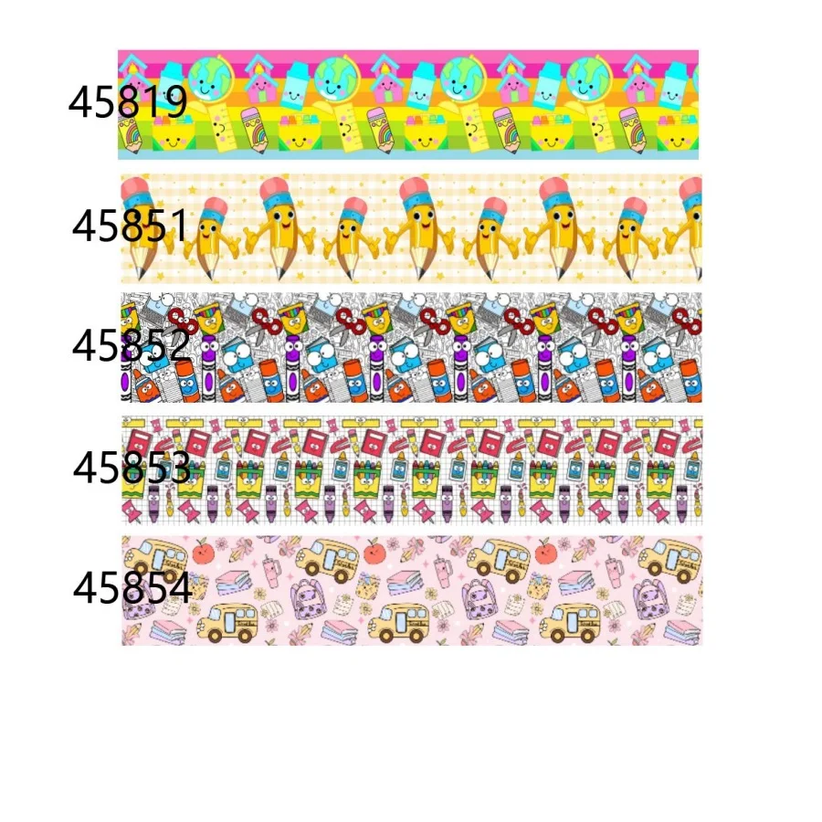 (50yards) Back To School Cartoon Printed Grosgrain Ribbon Pencil Apple Butterfly Pattern Kids Hair Bow Gift Wrapping Sewing Ribb