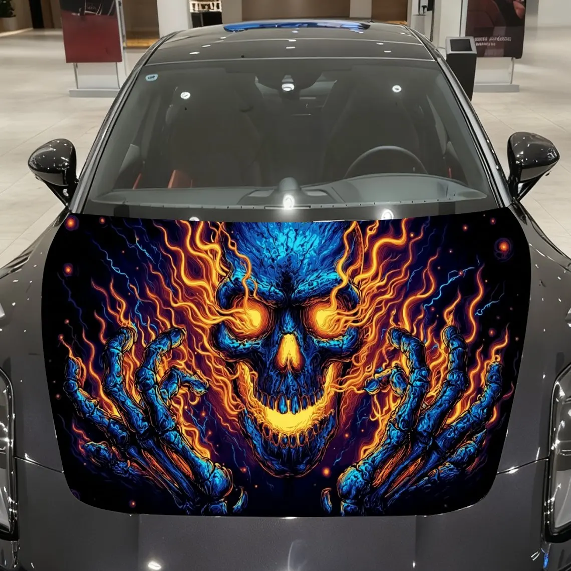 Blue-Orange Fire Skull Car Vinyl Wrap, PVC Material Waterproof Car Hood Sticker, Self-Adhesive Scratch-Resistant Stickers for En