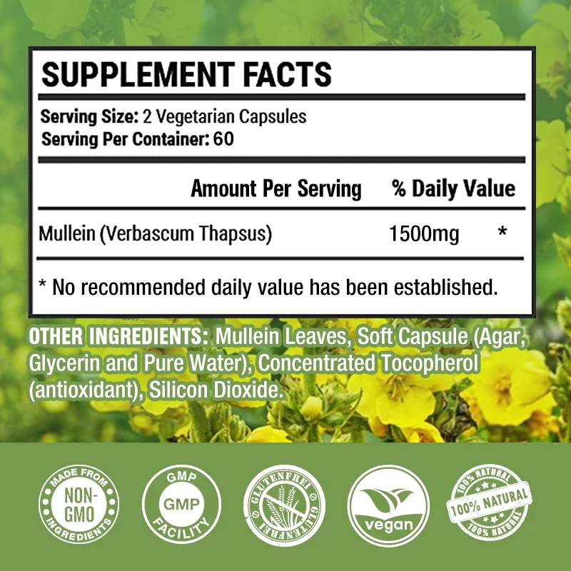 Mullein Extract Capsules, Suitable For Lung & Bronchial Cleanse for Smokers - Respiratory Health Support, Gut Health