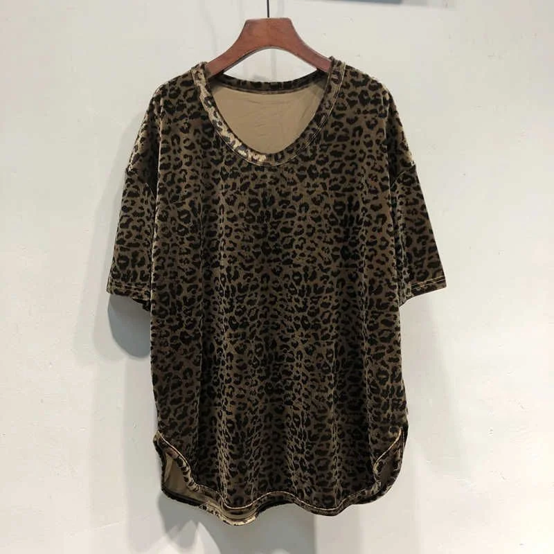 

plus Size 300 Pou Women's Velvet T-irt round Ne ort Sve Leopard Print High-End Feeling Autumn Base irt