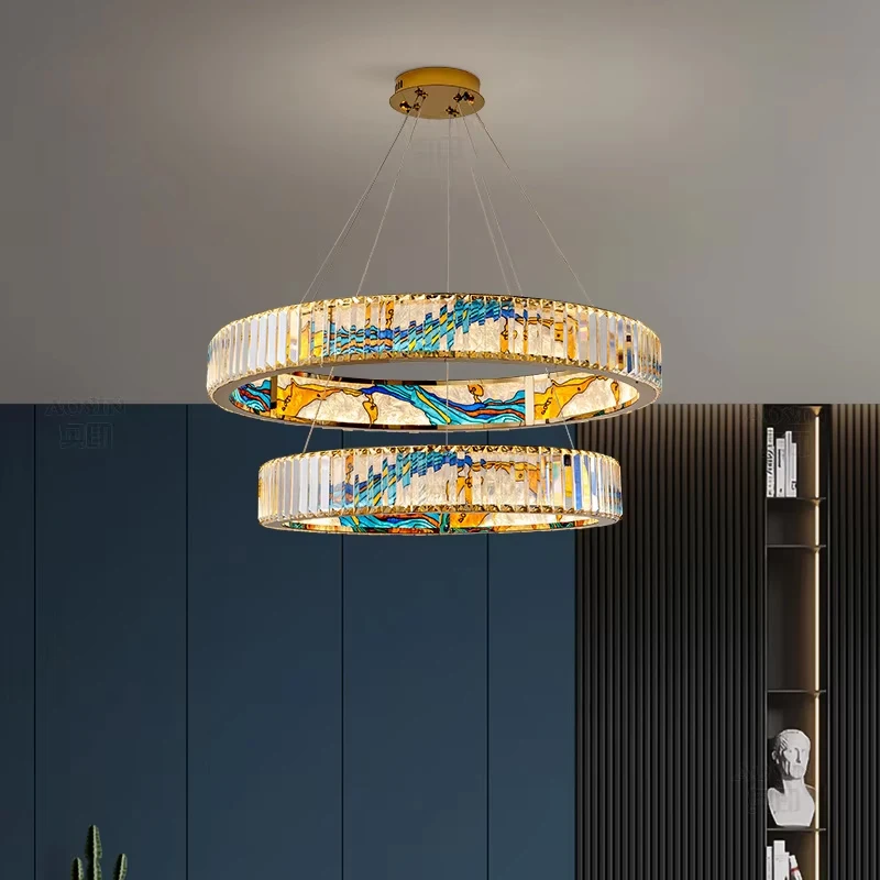 Nordic Enamel Chandelier Lighting Luxury Living Room Dining Room Ring LED Crystal Chandeliers Modern Study Bedroom Hanging Lamps