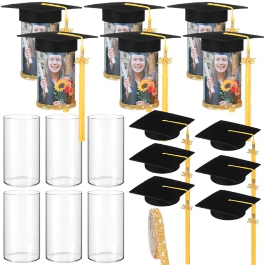

6 Sets 2026 Graduation Photo Display Table Centerpiece Party Decoration Glass Cylinder Vase with Graduation Cap and Rhinestone