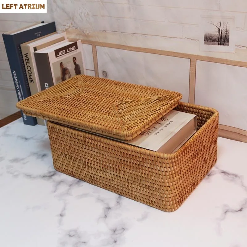 

Hand-Woven Rattan Laundry Basket with Cover Large Clothing Sundry Books Primary Color Storage Basket Home Supplies