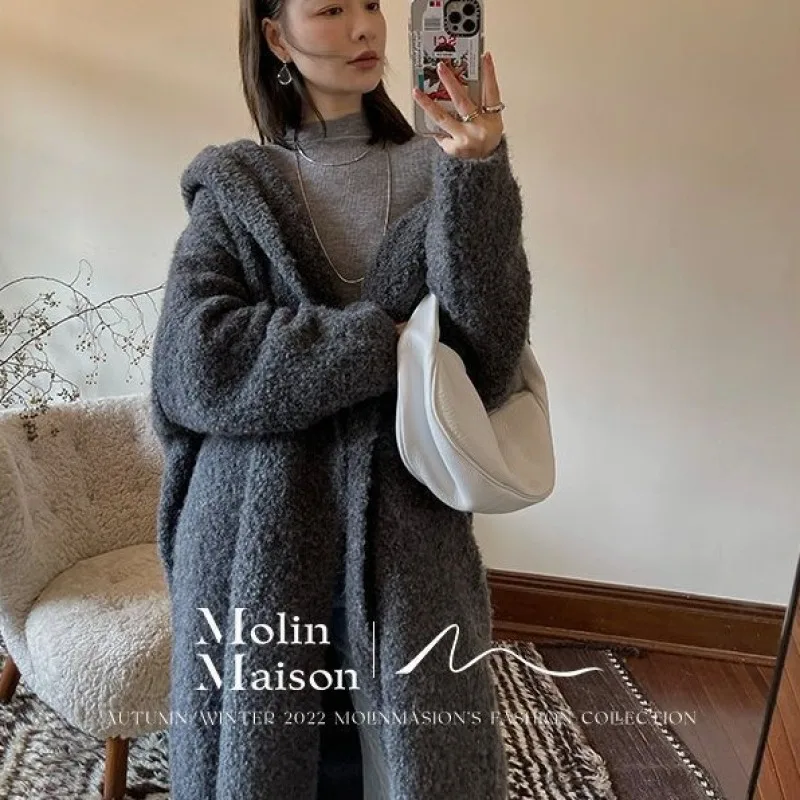 Women\'s Autumn Winter Long Knitted Cardigan Sweater Coat Jacket Hooded Loose Cable Knit Outerwears Trench Overcoat