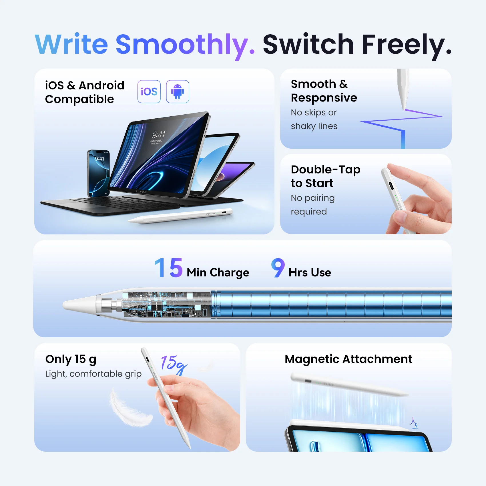 Vention Universal Stylus Pen for Apple iPad 2018-2026 Air Pro Magnetic LED Touch Switch Pencil for Android Samsung Xiaomi Tablet