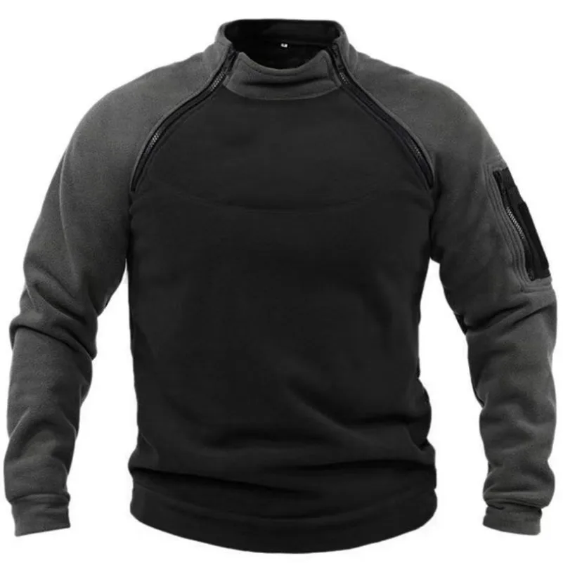 Autumn Winter Men's Polar Fleece Sweatshirt Outdoor Warm Tactical Double Zipper Stand Collar Top Casual Solid Color Sweatshirt