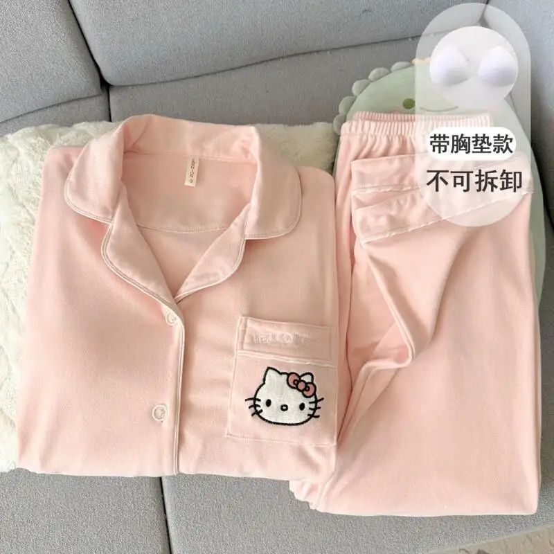 

Cartoon Sanrio Kitty with Built In Bra German Fleece Pajamas Women Spring Autumn Winter Coral Fleece Thick Warm Cute Homewear