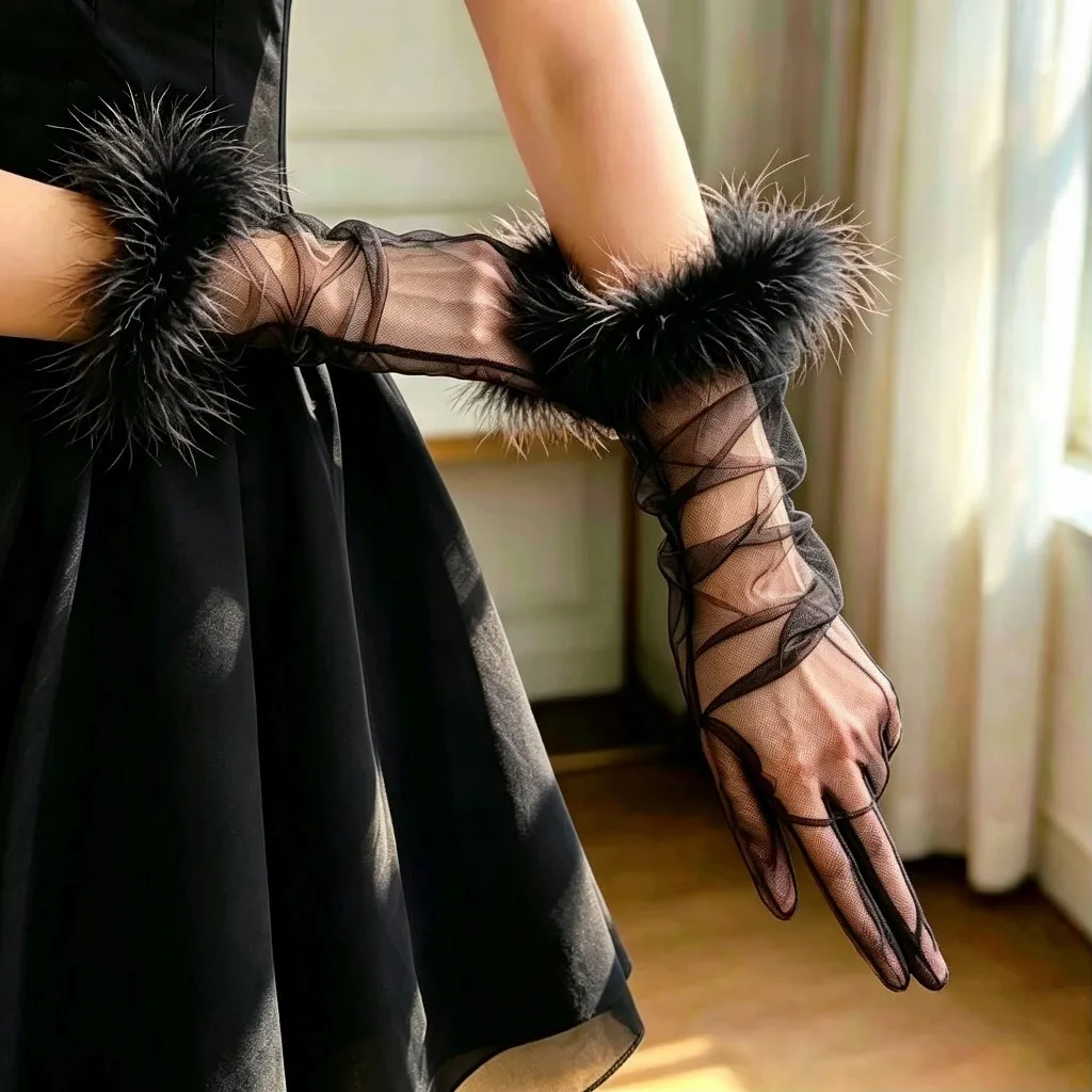 Elegant Women Feather Cuff Long Tulle Gloves Sheer Mesh Evening Opera Gloves Bridal Party Dress Costume Accessories