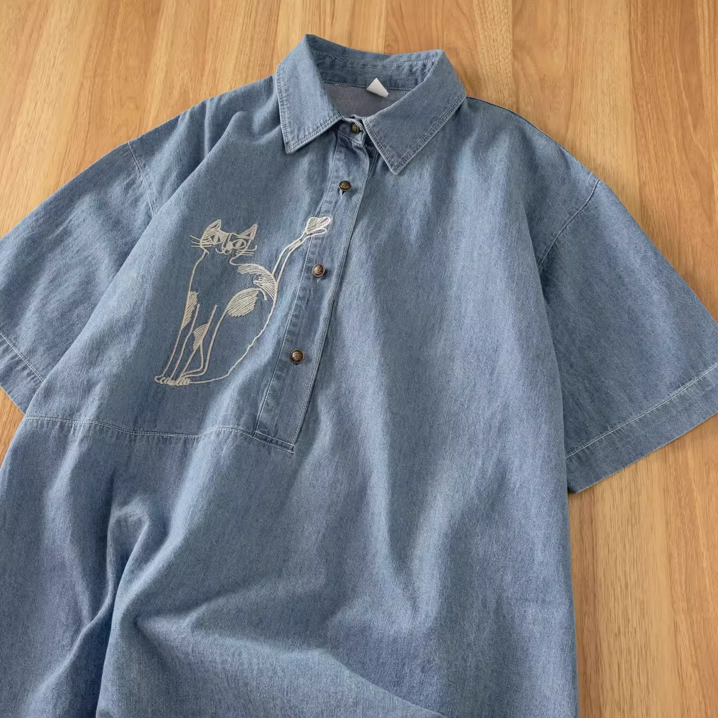 

2025 Harajuku fashion denim shirt dress for women summer original design short sleeveee cat embroider jean dress