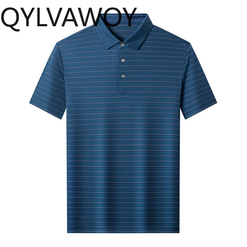 QYLVAWOY High-end Polo Men's Shirts Short Sleeve Shirt 100% Mulberry Silk Striped T Shirt for Man Lapel Tops Ropa Hombre Casual