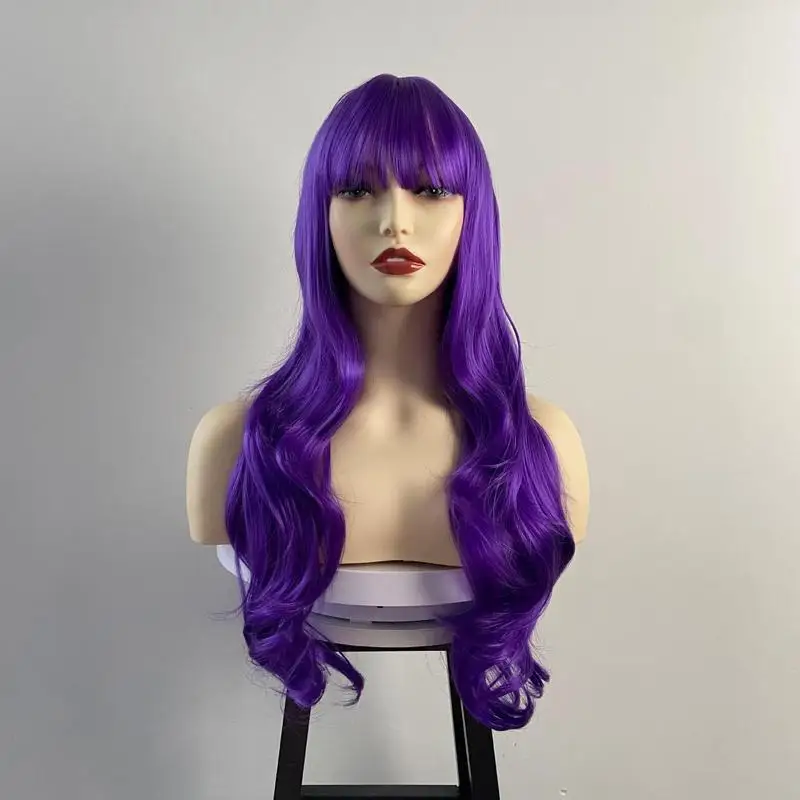 Wig for European and American women, purple large wavy high-temperature synthetic fiber long curly hair, realistic full-head wig