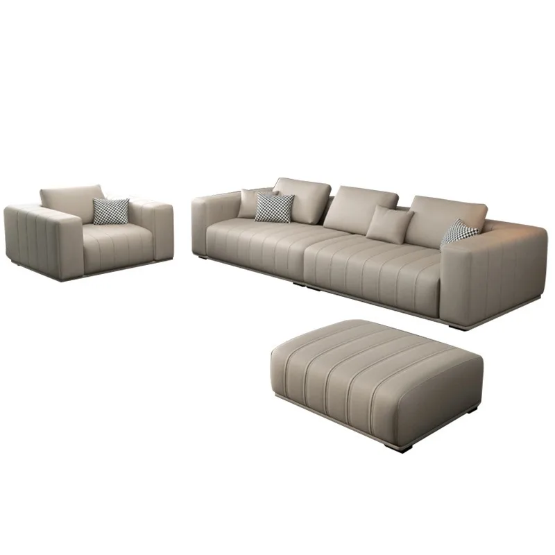 European Minimalist Elegant Wood Frame Leather Sofa for Small Apartment Living Room Sectional Design Straight Piano Key Backrest